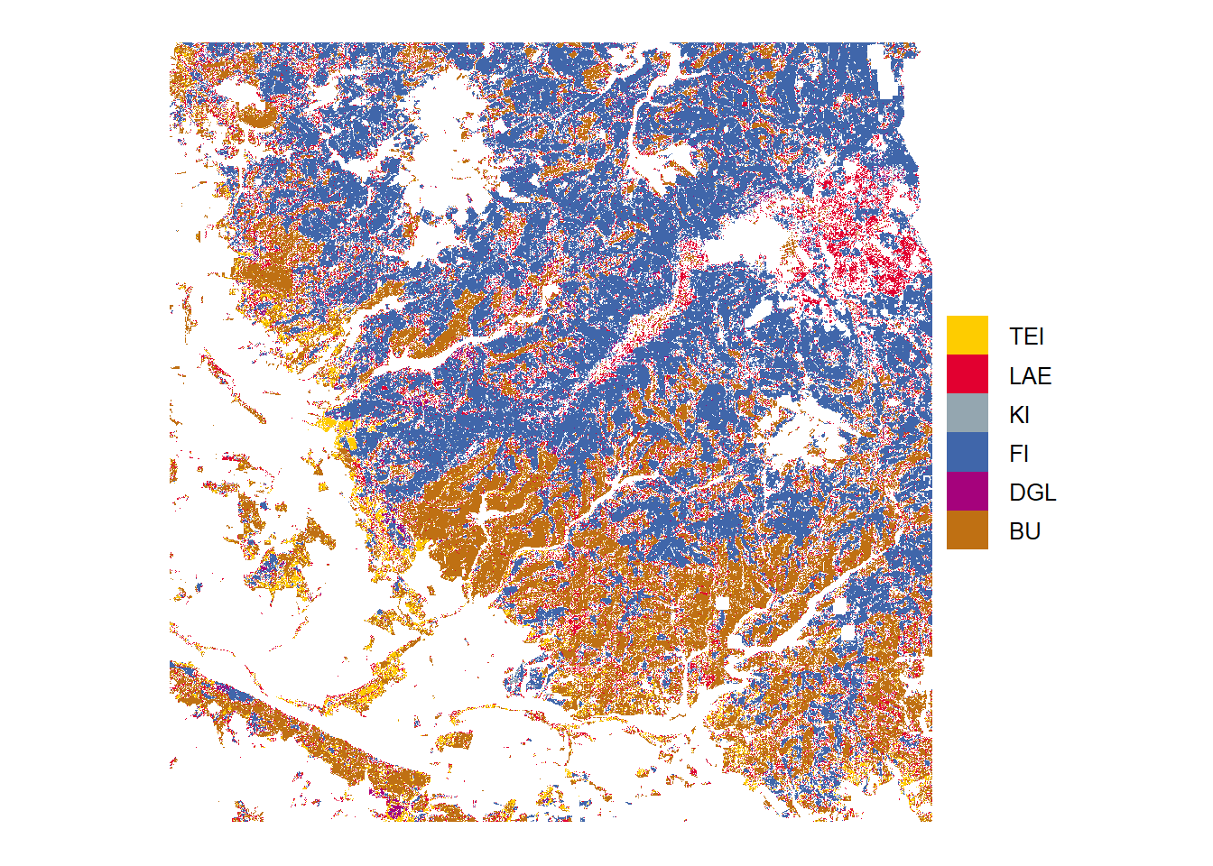 Tree species predictions with high probabilities (above threshold)